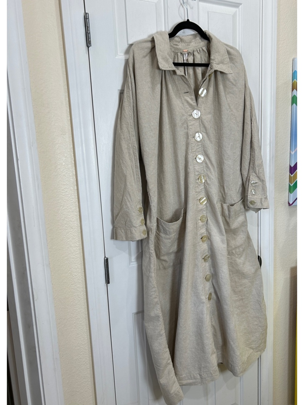 Free People Linen Blend Button Down Maxi Dress Duster Pockets Beige Large - Picture 3 of 12